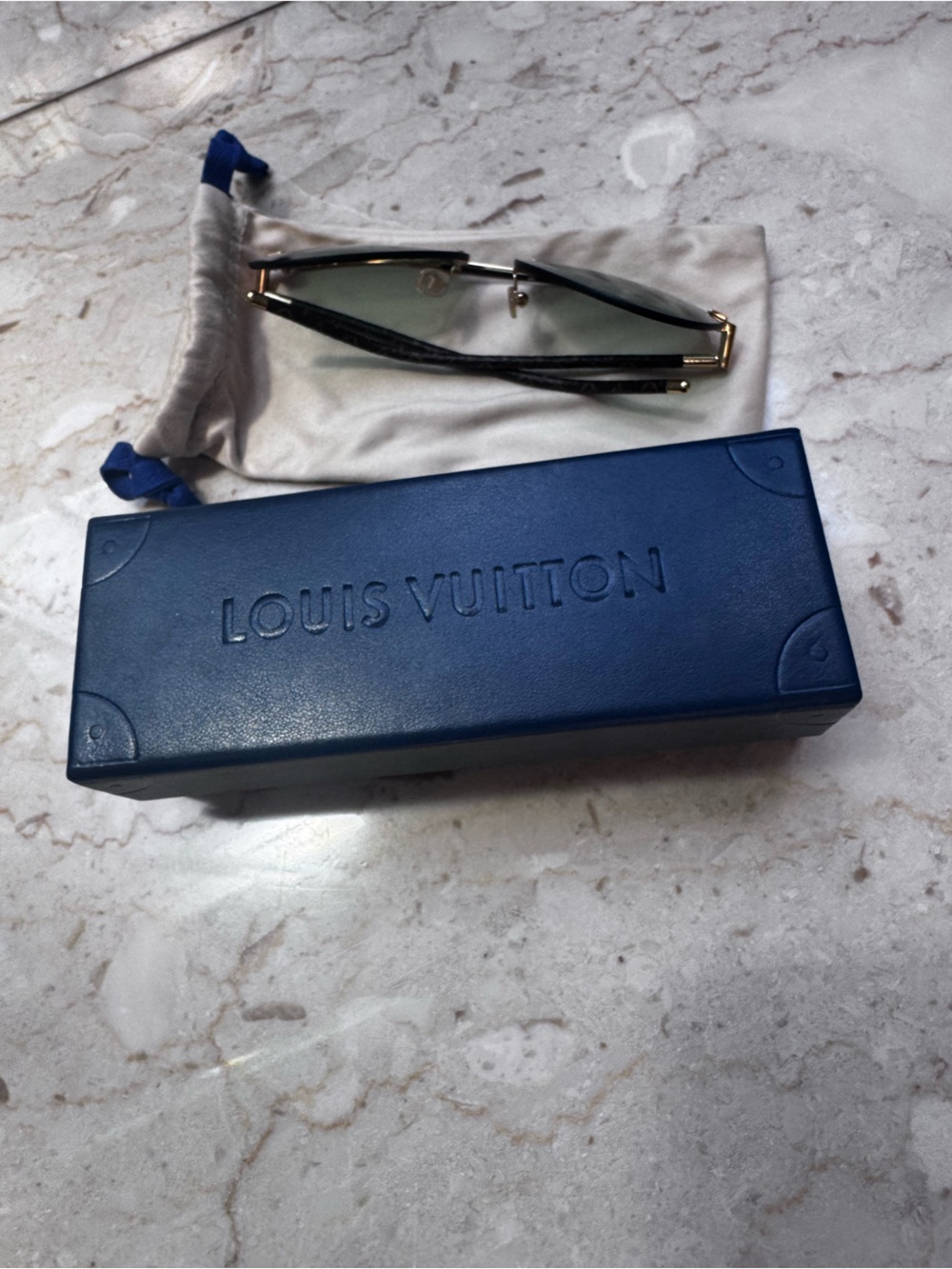 Louis Vuitton Blue Sunglasses Box with Black Frames and Gold Accents
